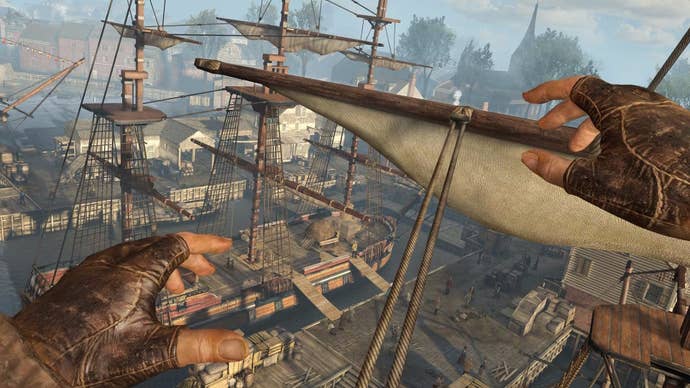 The player jumps across ship masts in Assassin’s Creed Nexus