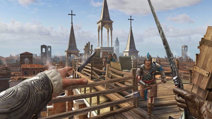 The player prepares to fight a bunch of guards in Assassin's Creed Nexus