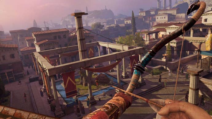 The player fires a bow in midair in Assassin’s Creed Nexus