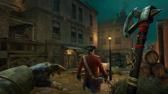 The player readies a tomahawk in Assassin’s Creed Nexus