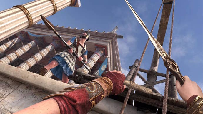 The player clasps a ledge in Assassin’s Creed Nexus
