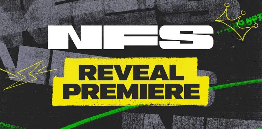 A logo for Need For Speed, which reads “NFS”, under which the words “Reveal Premiere” are written on yellow.
