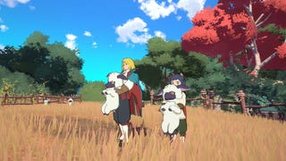 A screenshot of Ni no Kuni: Cross Worlds showing two player characters holding fantasy sheep-like creatures.