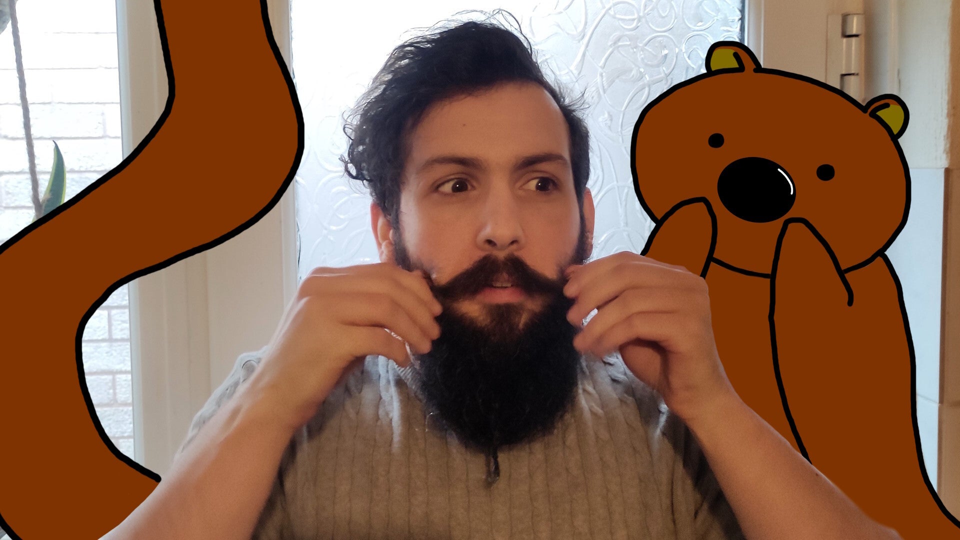 Our new staff writer Nic Rueben twirling his moustache, while Horace the endless bear appears behind him doing the same - 1