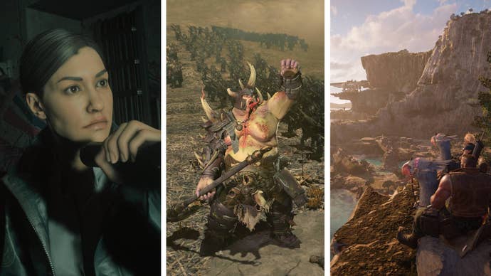 Screenshots from Alan Wake 2’s Lake House DLC, Total Warhammer’s Thrones Of Decay DLC, and Final Fantasy 7 Rebirth.