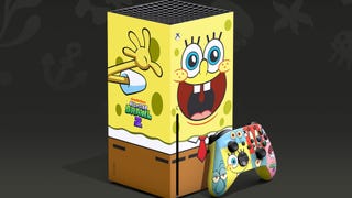 An Xbox Series X themed to look like SpongeBob Squarepants.