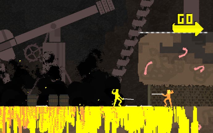 A Nidhogg screenshot showing two fencers facing off against each other in a side-on, pixelated style. Bright yellow and orange paint coats the surface they're standing on. It's the game's representation of blood.