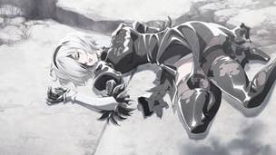 Nier Automata's 2B lying unconscious on the ground in an anime style.