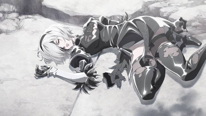 Nier Automata’s 2B lying unconscious on the ground in an anime style.
