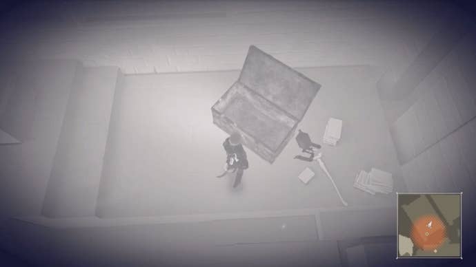 A2 in a Nier: Automata mod of the Copied City opening a chest