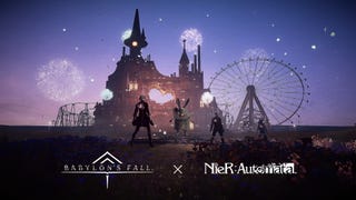 Babylon's Fall characters dressed as NieR Automata's 9S, A2, and 2B stand alongside an android and look out at NieR's Amusement Park.