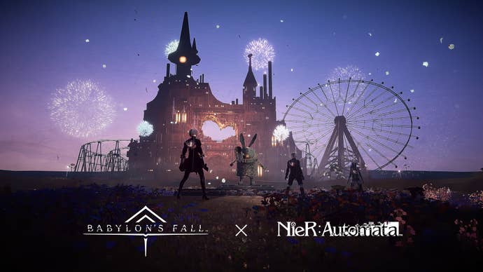 Babylon’s Fall characters dressed as NieR Automata’s 9S, A2, and 2B stand alongside an android and look out at NieR’s Amusement Park.