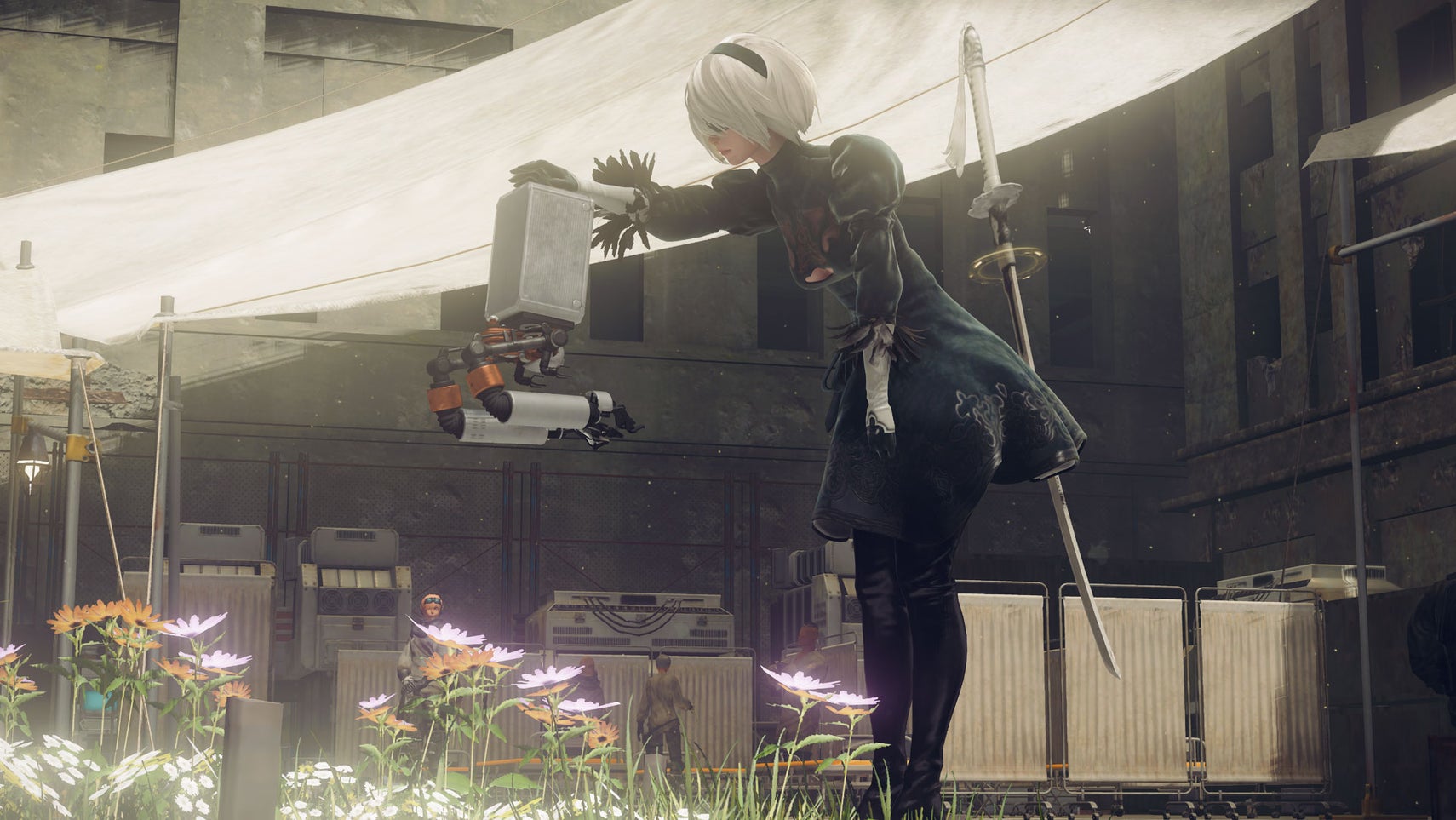 2B from NieR giving a little robot thing a cheeky pat on the head. - 1