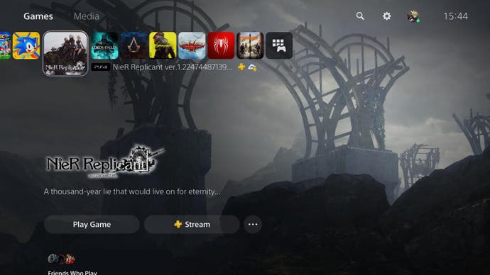 PlayStation 5 UI showing NieR Replicant and streaming logo