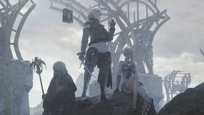 Key art for Nier Replicant showing Nier, Kaine, Emil, and Weiss all perched on a rock, it is cloudy and a dilapidate bridge can be seen in the background.