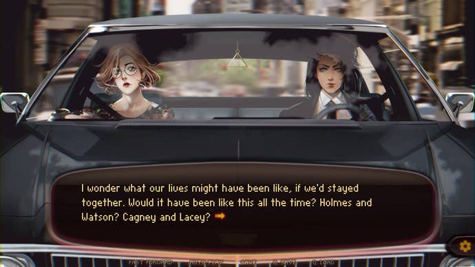 Two women, one in a suit and one in a floral dress, talk in a car in a Night Cascades screenshot.