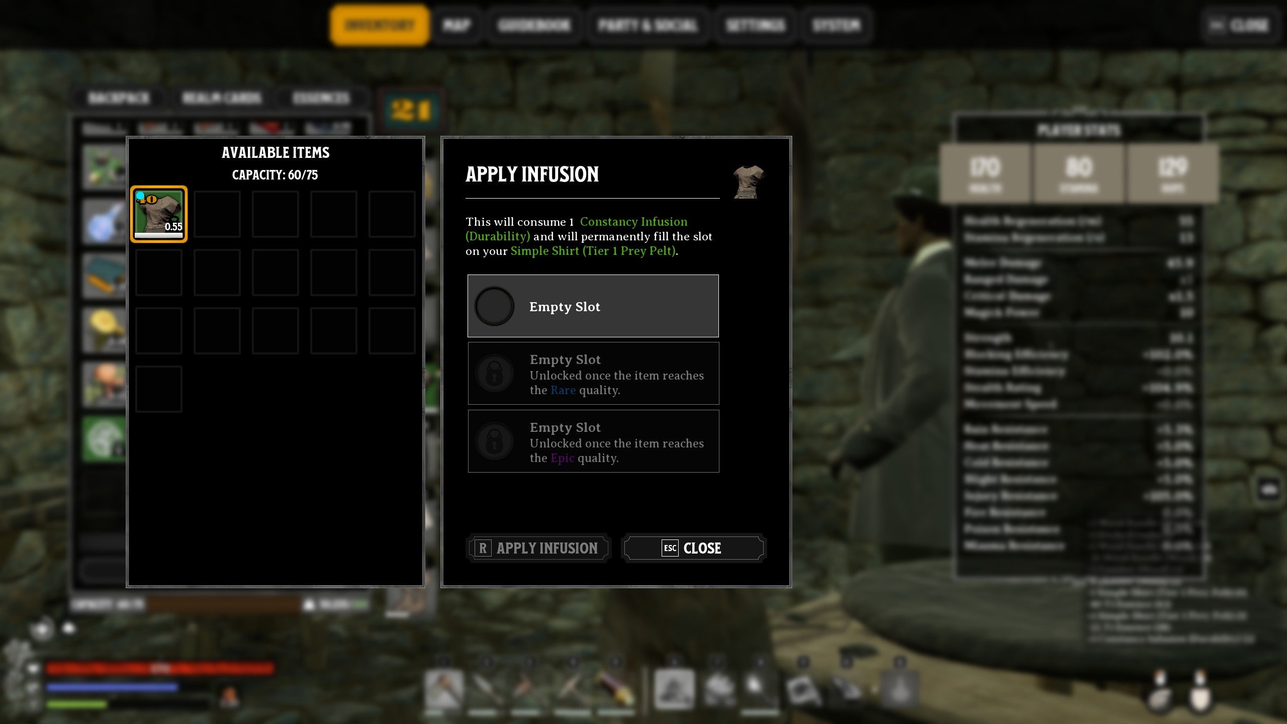 A player character applying an Infusion to an Uncommon piece of equipment in Nightingale.