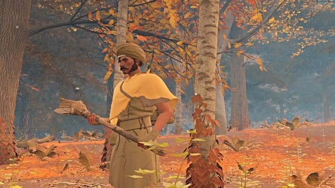 A player stands next to a large tree, later to be used for Nightingale carved wood