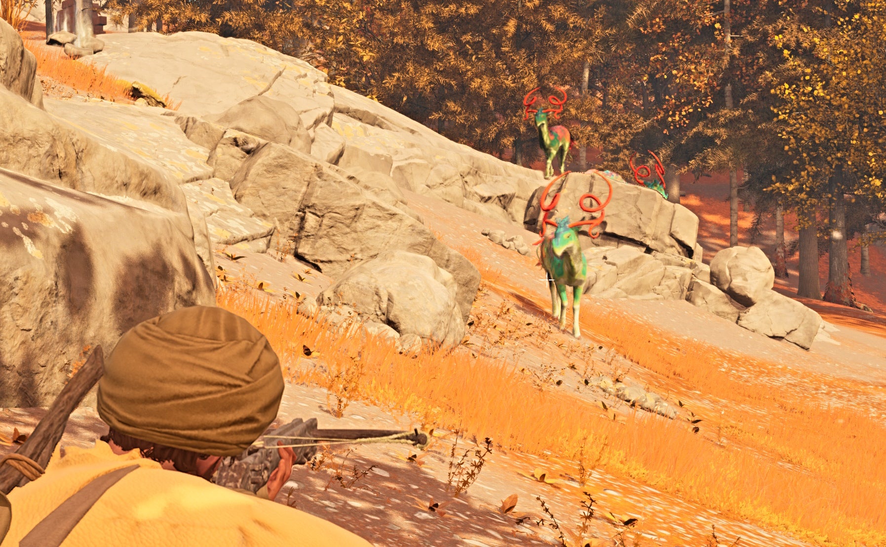 A player aims at a deer, attempting to get a Nightingale heartshot