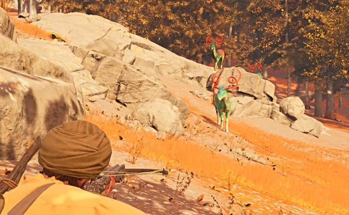A player aims at a deer, attempting to get a Nightingale heartshot