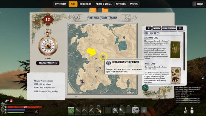 A map screen showing the location of the Herbarium Card in Nightingale.