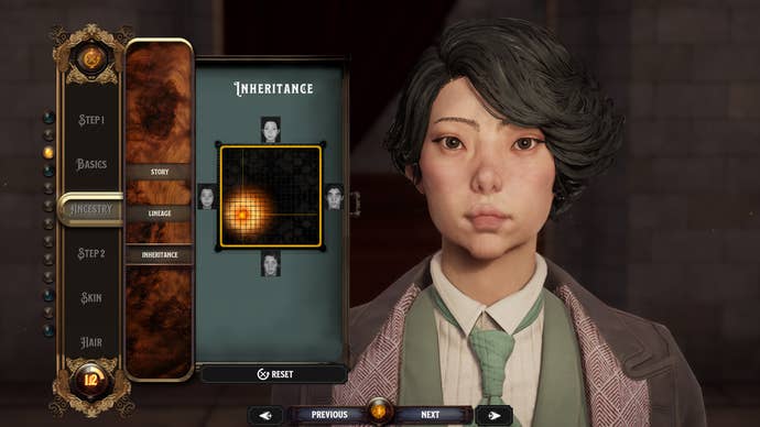 The inheritance screen of Nightingale's character creator, showing how a player's lineage affects their appearance.