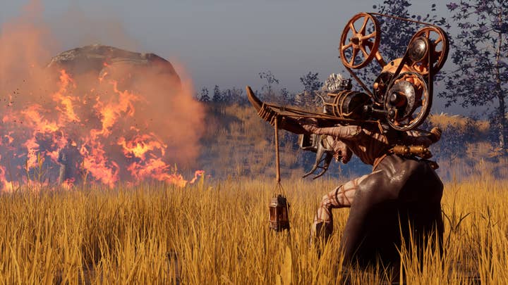 Nightingale screen showing a monster with a backpack-mounted crossbow/cannon in a field, part of which is now on fire. A player character stands in front of the fire