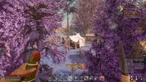 Bertie makes his way through purple foliage towards a canvas tent in the distance. He holds a snack in one hand, and a knife in the other. It's a screenshot from within Nightingale.