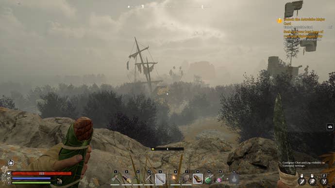 A foggy vista in Nightingale. Bertie’s character stands atop a rocky outcrop, looking over a wooded area with a giant galleon sea ship sticking out of it. How it got there, no one knows.