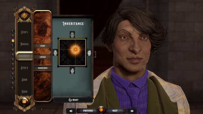 A close-up of character creation in Nightingale, showing a masculine character's face and a slider menu.