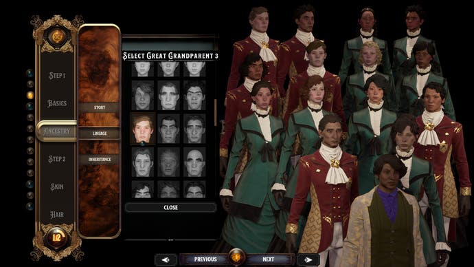 A character creation screenshot from Nightingale, showing the player's family tree.
