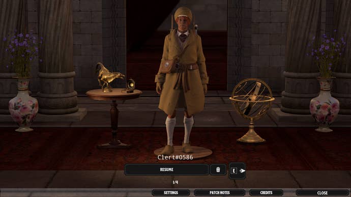 The log-in screen in Nightingale, showing Bertie’s character, decked out like a Victorian British person exploring Africa.