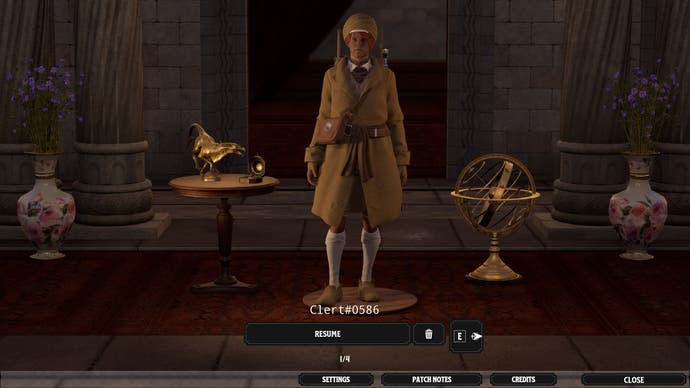 The log-in screen in Nightingale, showing Bertie's character, decked out like a Victorian British person exploring Africa.