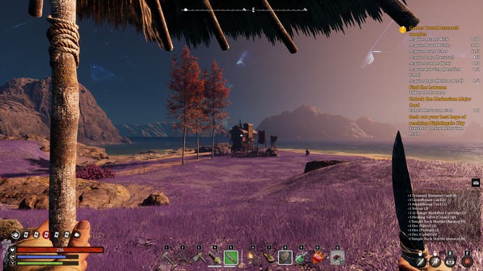 A beach screenshot from Nightingale, with purple grass and orange trees.