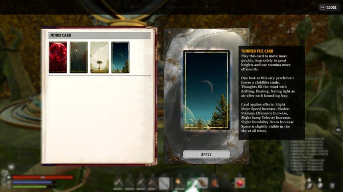 A menu showing the card system in Nightingale. These cards can be used with a Transmuter machine to alter the properties of a realm.