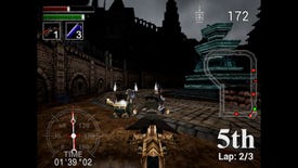 A 3D kart racer with pixellated textures in a gothic setting in Nightmare Kart.