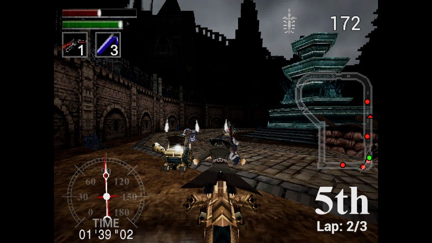 A 3D kart racer with pixellated textures in a gothic setting in Nightmare Kart.