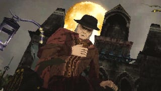 A PS1-looking screenshot, all pixelated and low poly, of an older gentleman wearing a hat, silhouetted by the moon.