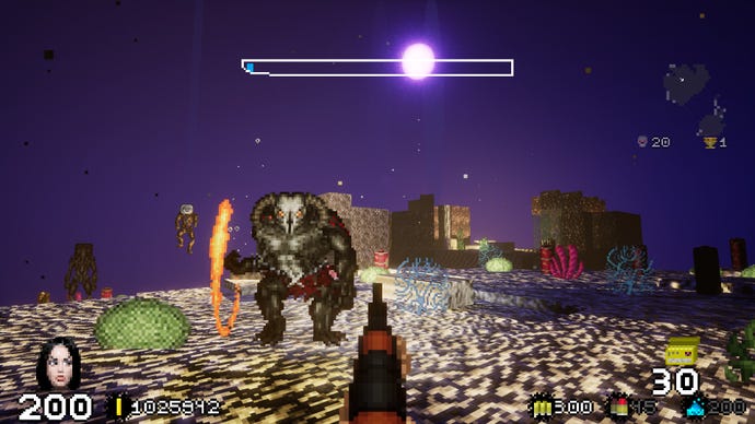 The player aims at a rifle at a massive monster in an underwater area.
