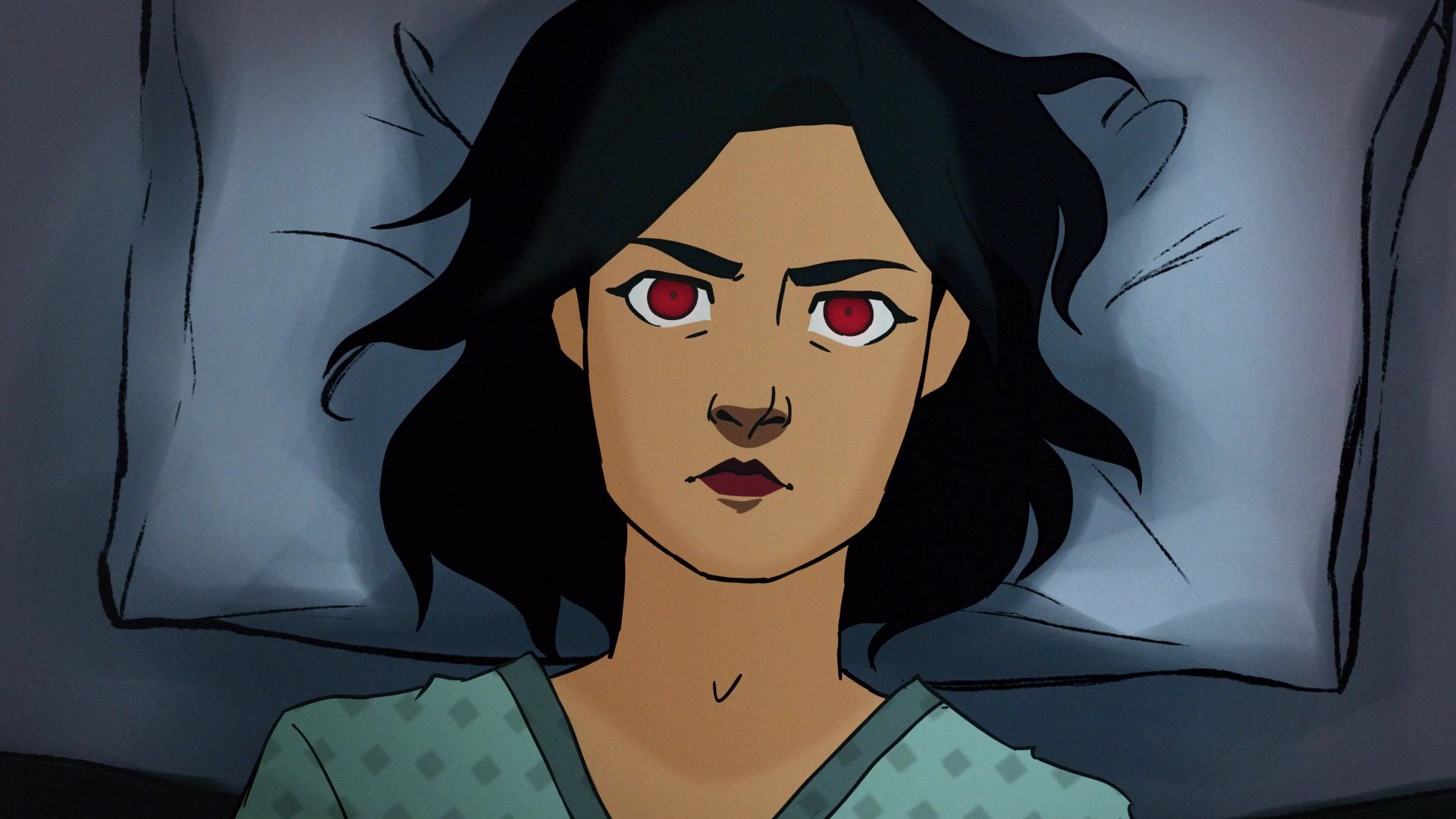 The protagonist rests her head on a pillow and stares up at the ceiling.