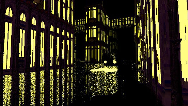 Glitchy cityscape creates moody moments via pixelation