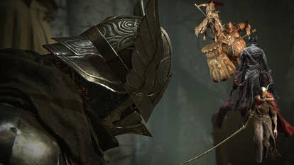 Close up of Wylder from Elden Ring Nightreign, knight with a winged helmet, with characters from Dark Souls, Bloodborne, and Elden Ring superimposed next to him