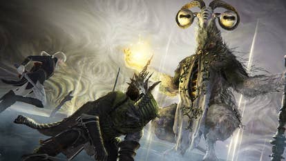 Elden Ring Nightreign artwork showing an archer and a thief rising up against the goat-headed Equilibrious Beast