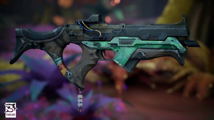 A WIP design for a green and grey-coloured science fiction rifle for Fishlabs' Project Black