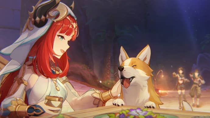 Genshin Impact Nilou build: An anime woman with red  hair and a blue and white dress sits at a table with a beige and white dog