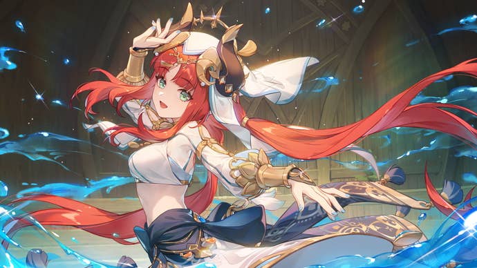 Genshin Impact Nilou build: An anime woman with red hair and a blue and white dress spreads her arms amid a rush of water