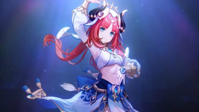 Genshin Impact Nilou build: An anime woman with red  hair and a blue and white dress poses in the spotlight