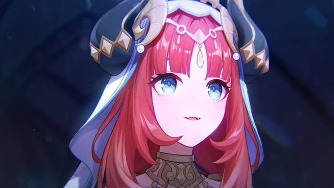 Nilou teams: An anime woman with red hair looks wistfully off screen