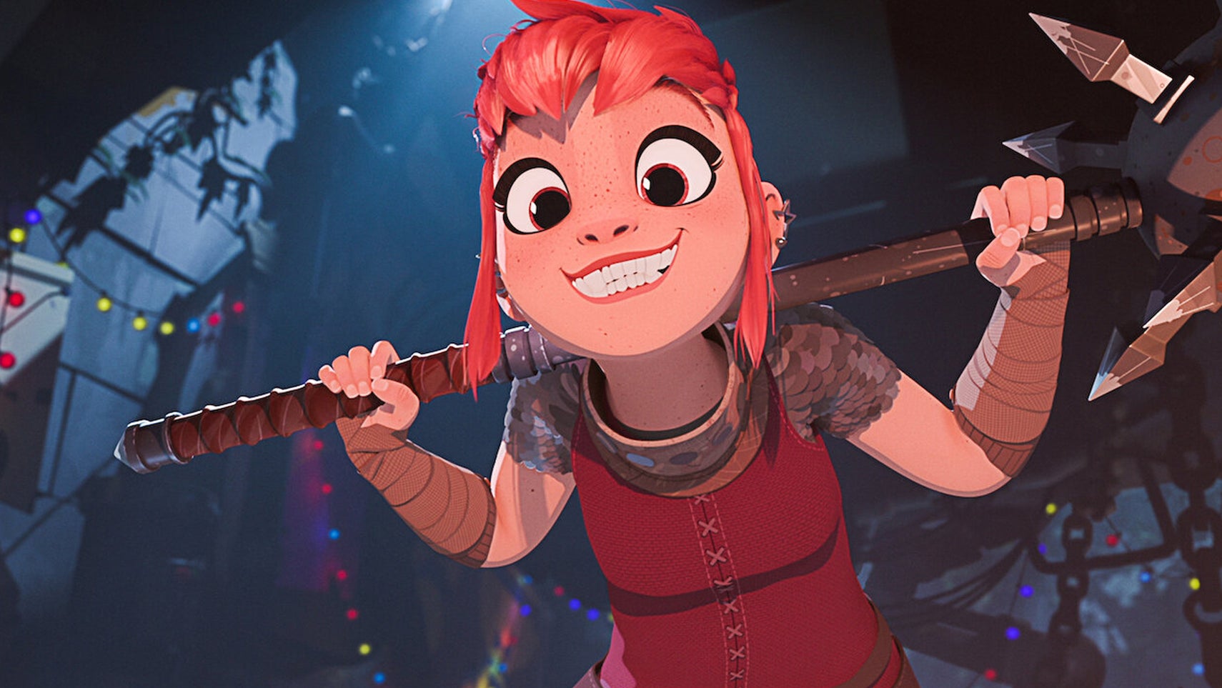 Nimona is smiling, a pole stretched across her back. - 1