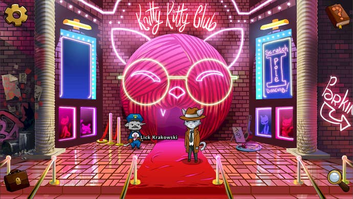 A cat detective stands in front of a pink night club entrance way shaped like a cat’s head in Nine Noir Lives